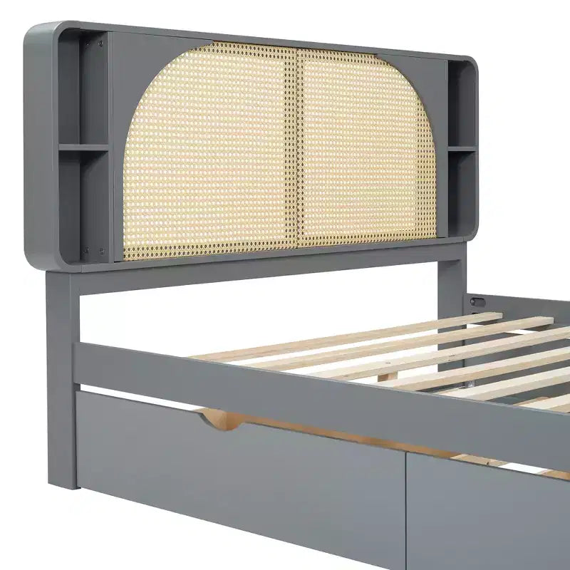 Queen Size Rattan Headboard Platform Bed with Two Drawers and Trundle - ModernLuxe