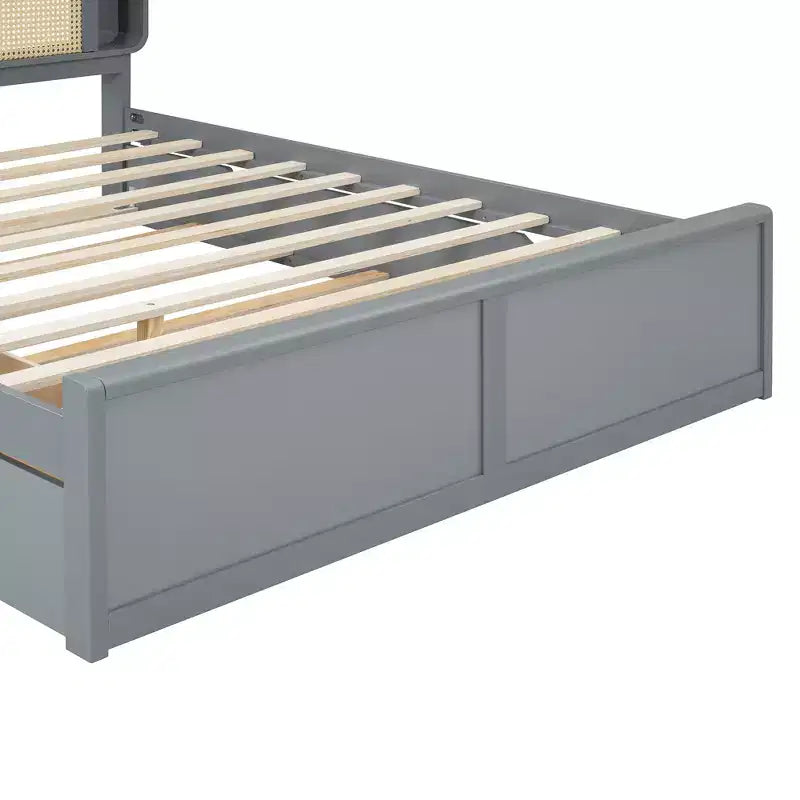 Queen Size Rattan Headboard Platform Bed with Two Drawers and Trundle - ModernLuxe