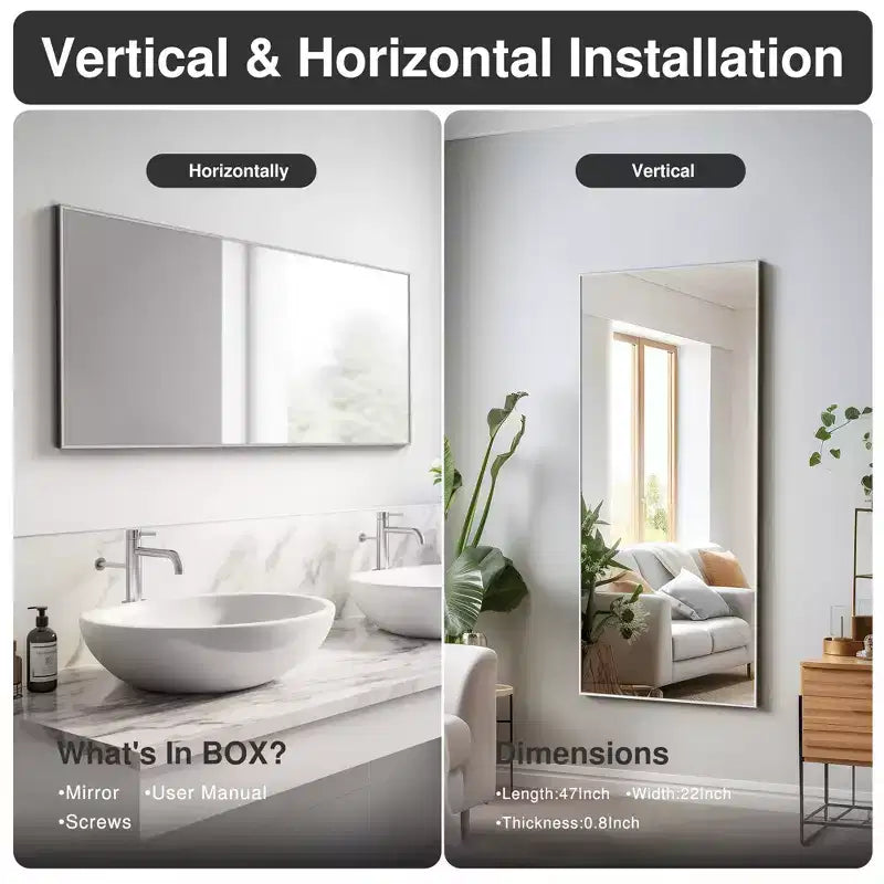 PexFix 47x22 Rectangle Wall Mirror Framed Bathroom Mirror for Living Room