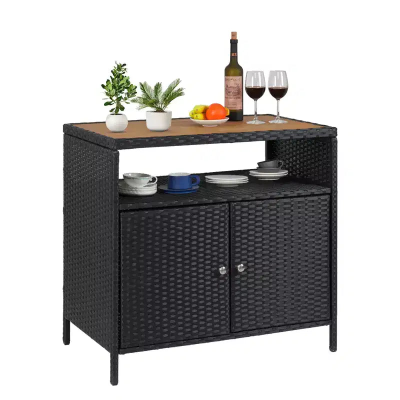 Garvee Patio Outdoor Wicker Storage Cabinet with Shelf,Powder Coated Steel,Patio Bar Table with 2-Door,All Weather Resin Wicker