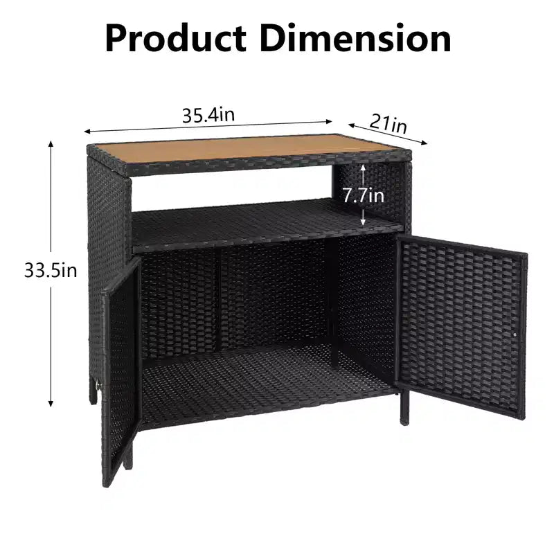 Garvee Patio Outdoor Wicker Storage Cabinet with Shelf,Powder Coated Steel,Patio Bar Table with 2-Door,All Weather Resin Wicker
