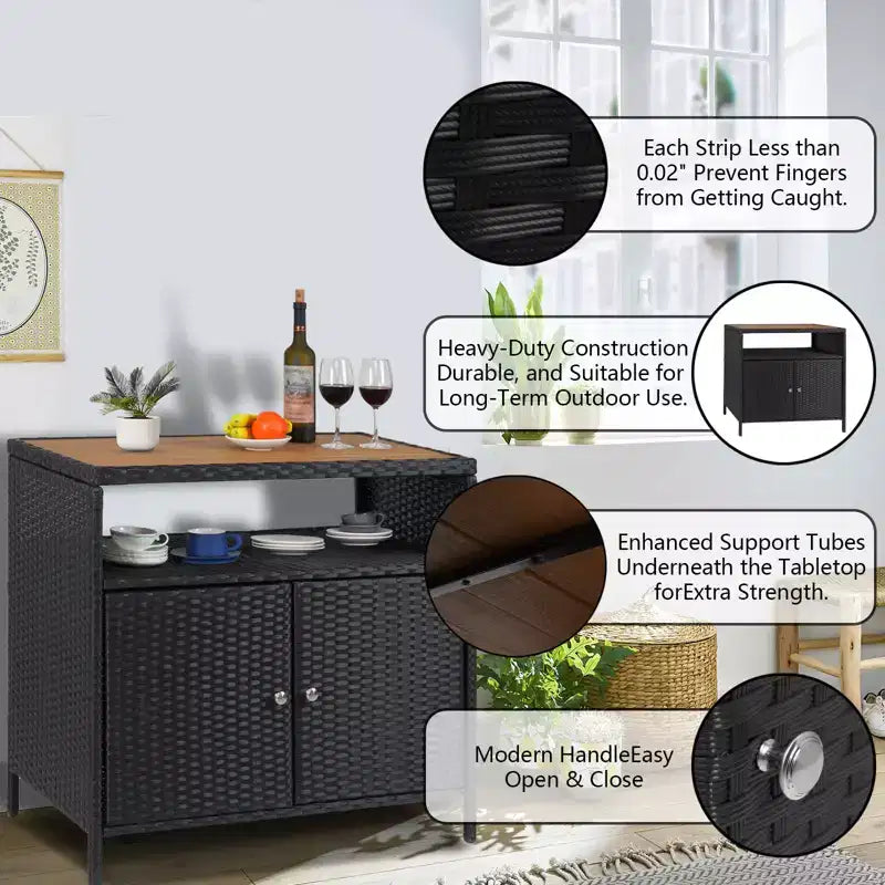 Garvee Patio Outdoor Wicker Storage Cabinet with Shelf,Powder Coated Steel,Patio Bar Table with 2-Door,All Weather Resin Wicker