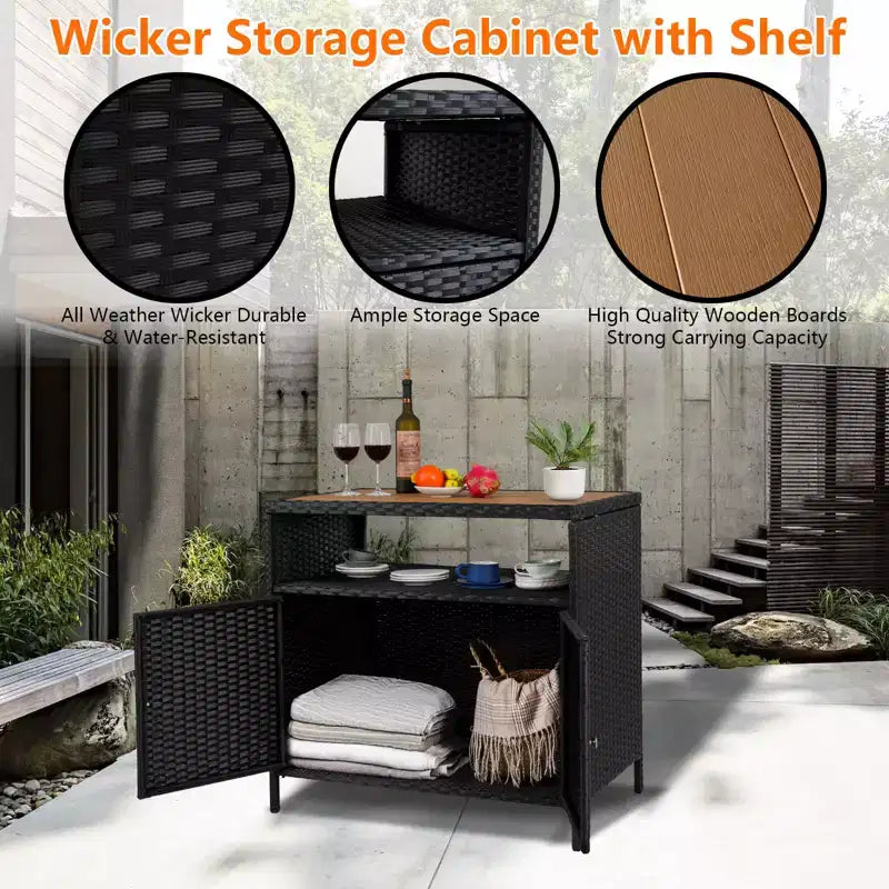 Garvee Patio Outdoor Wicker Storage Cabinet with Shelf,Powder Coated Steel,Patio Bar Table with 2-Door,All Weather Resin Wicker
