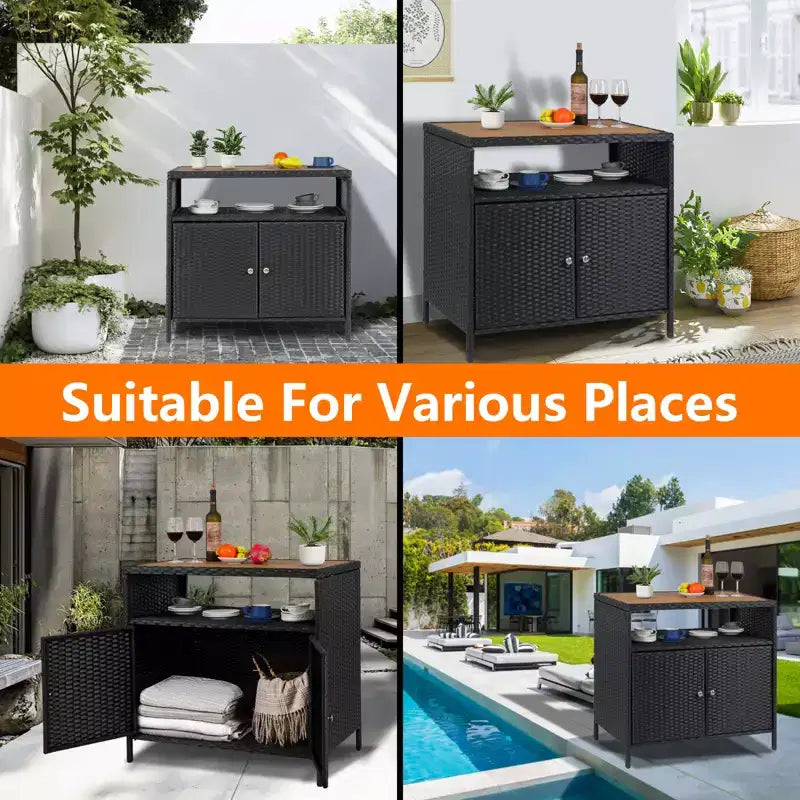 Garvee Patio Outdoor Wicker Storage Cabinet with Shelf,Powder Coated Steel,Patio Bar Table with 2-Door,All Weather Resin Wicker