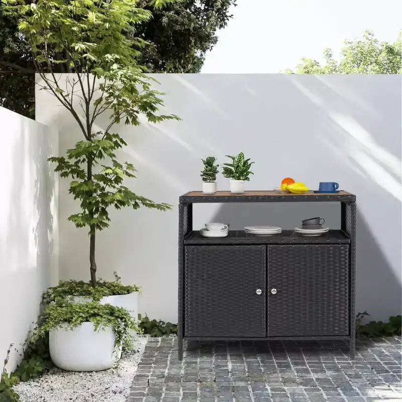 Garvee Patio Outdoor Wicker Storage Cabinet with Shelf,Powder Coated Steel,Patio Bar Table with 2-Door,All Weather Resin Wicker