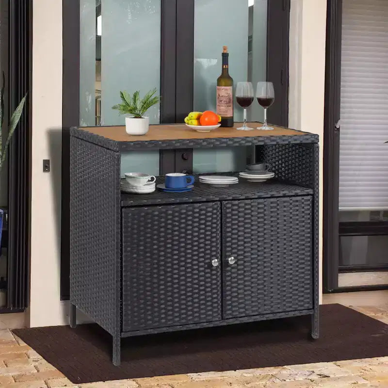 Garvee Patio Outdoor Wicker Storage Cabinet with Shelf,Powder Coated Steel,Patio Bar Table with 2-Door,All Weather Resin Wicker