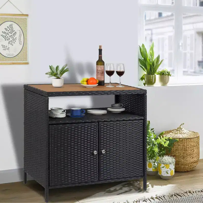 Garvee Patio Outdoor Wicker Storage Cabinet with Shelf,Powder Coated Steel,Patio Bar Table with 2-Door,All Weather Resin Wicker