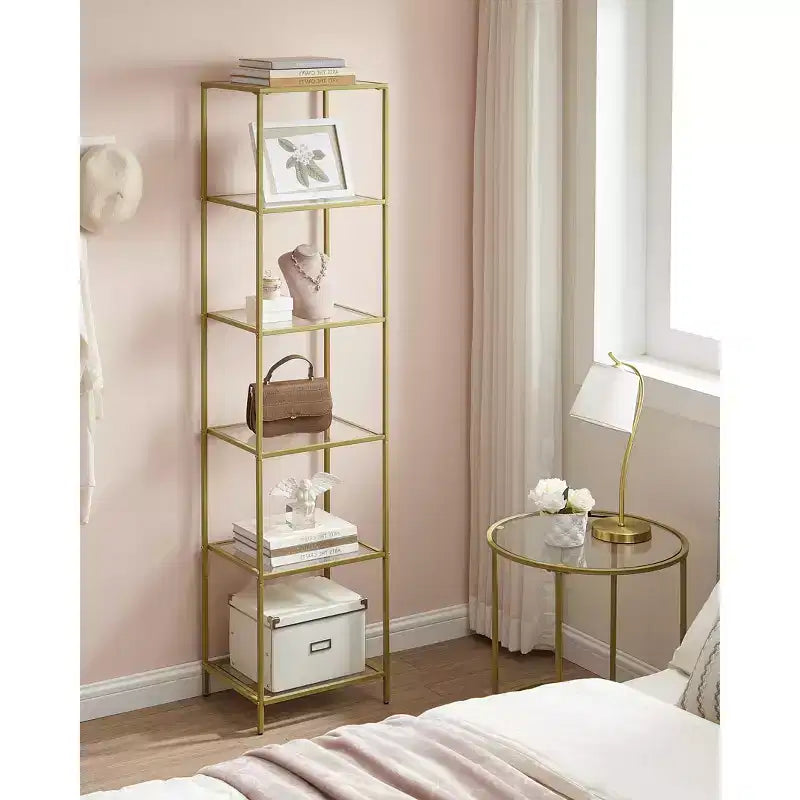 Bookcase, 6-Tier Bookshelf, Slim Shelving Unit for Bedroom, Bathroom, Home Office, Tempered Glass
