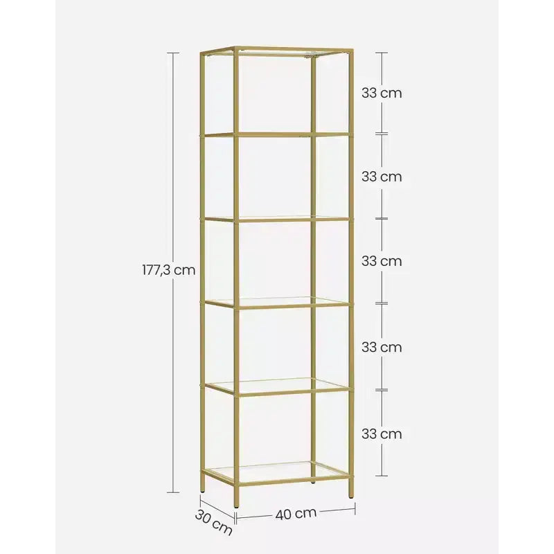 Bookcase, 6-Tier Bookshelf, Slim Shelving Unit for Bedroom, Bathroom, Home Office, Tempered Glass