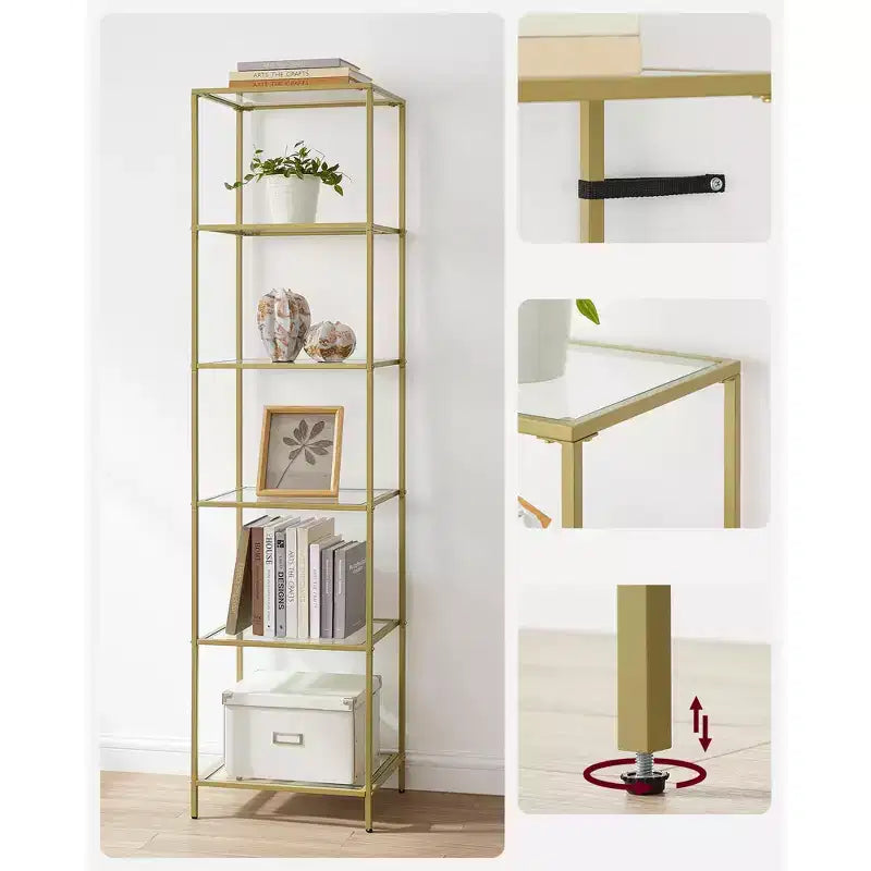 Bookcase, 6-Tier Bookshelf, Slim Shelving Unit for Bedroom, Bathroom, Home Office, Tempered Glass