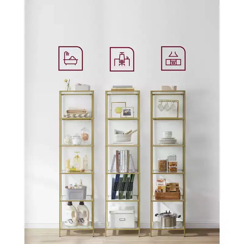 Bookcase, 6-Tier Bookshelf, Slim Shelving Unit for Bedroom, Bathroom, Home Office, Tempered Glass