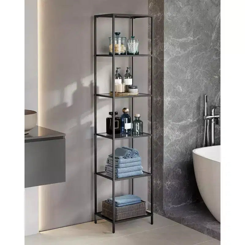 Bookcase, 6-Tier Bookshelf, Slim Shelving Unit for Bedroom, Bathroom, Home Office, Tempered Glass