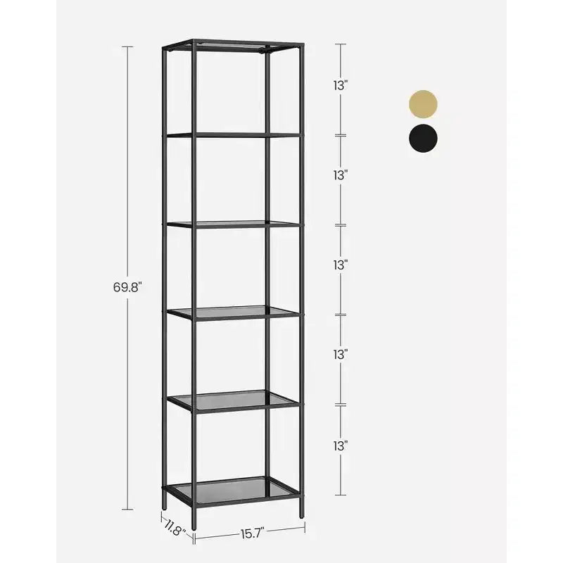 Bookcase, 6-Tier Bookshelf, Slim Shelving Unit for Bedroom, Bathroom, Home Office, Tempered Glass