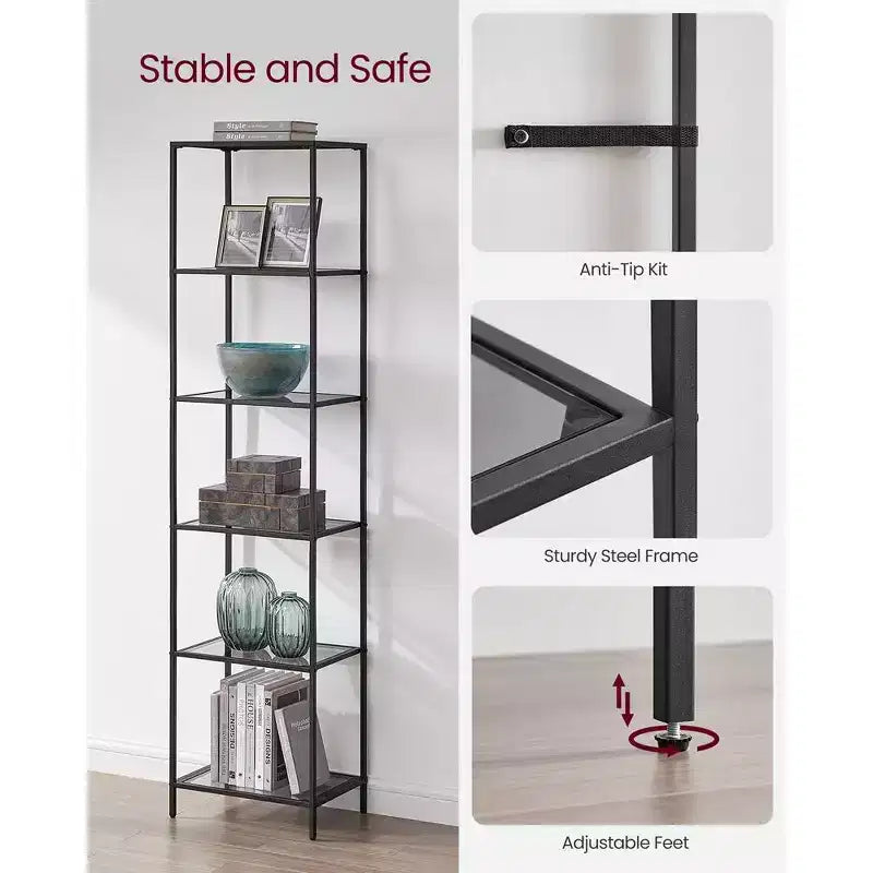 Bookcase, 6-Tier Bookshelf, Slim Shelving Unit for Bedroom, Bathroom, Home Office, Tempered Glass