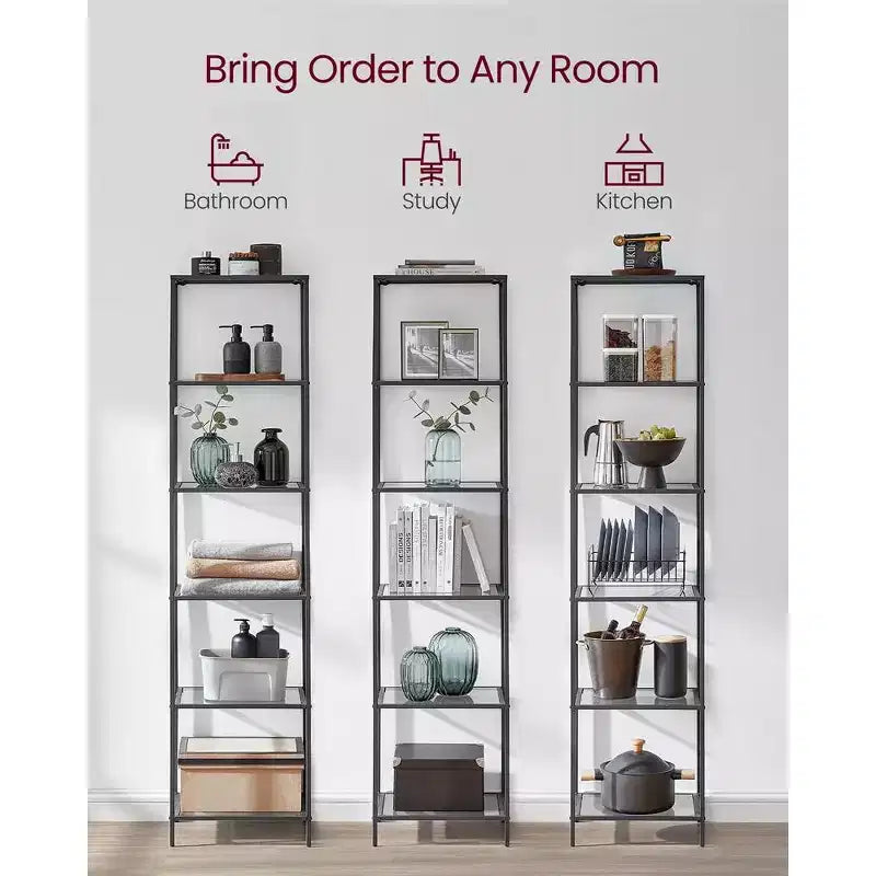 Bookcase, 6-Tier Bookshelf, Slim Shelving Unit for Bedroom, Bathroom, Home Office, Tempered Glass