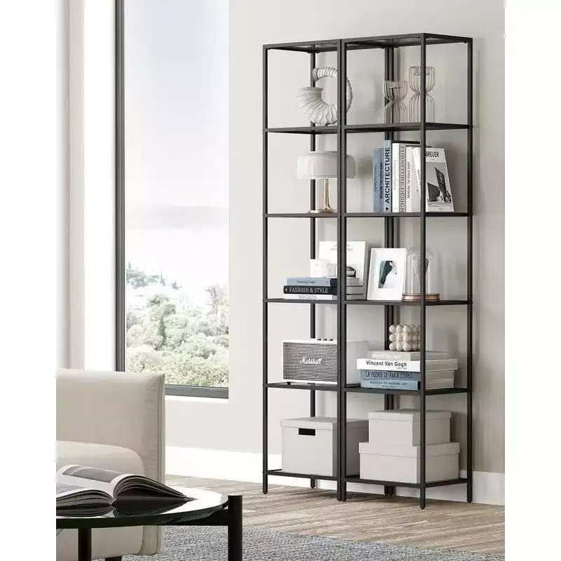 Bookcase, 6-Tier Bookshelf, Slim Shelving Unit for Bedroom, Bathroom, Home Office, Tempered Glass