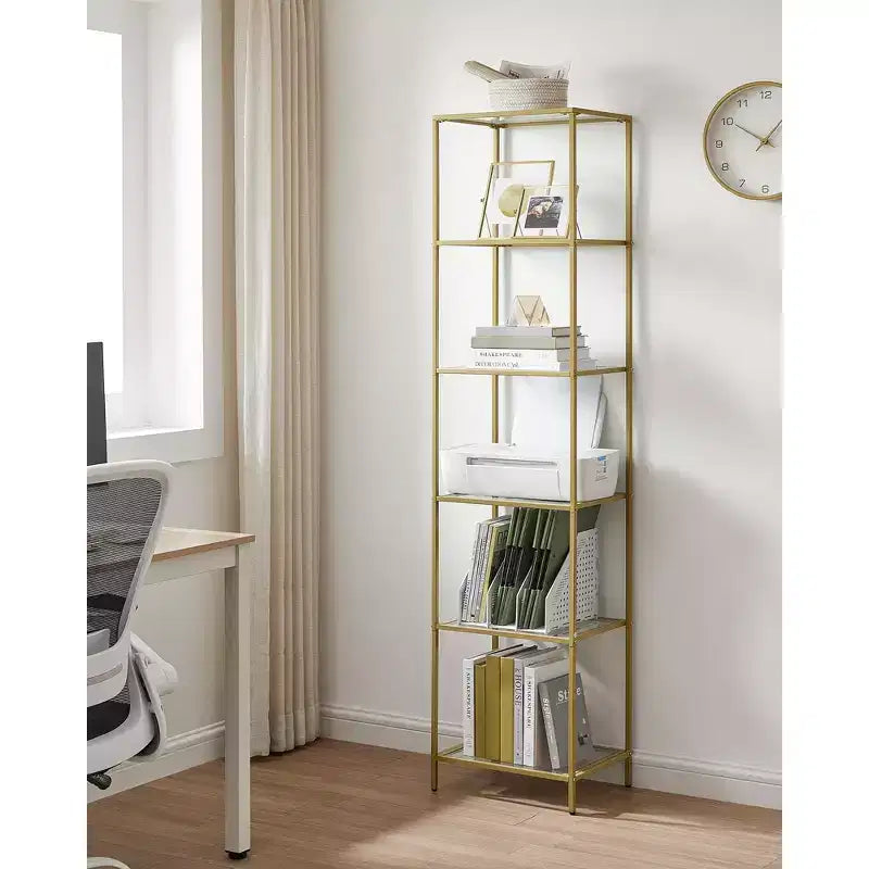 Bookcase, 6-Tier Bookshelf, Slim Shelving Unit for Bedroom, Bathroom, Home Office, Tempered Glass