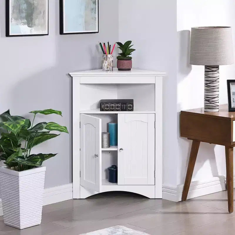 AndMakers White Wood 32.3 in.H Storage Corner Cabinet with Shelves and Storage