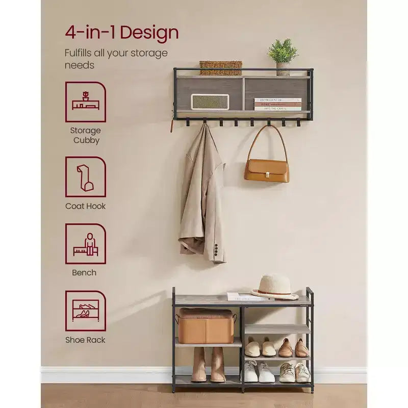 Multifunctional Hall Tree with Coat Rack and Shoe Bench - Entryway Furniture Set with 12 Hooks and 4-Tier Shoe Rack