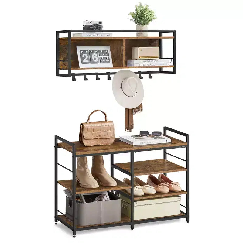 Multifunctional Hall Tree with Coat Rack and Shoe Bench - Entryway Furniture Set with 12 Hooks and 4-Tier Shoe Rack