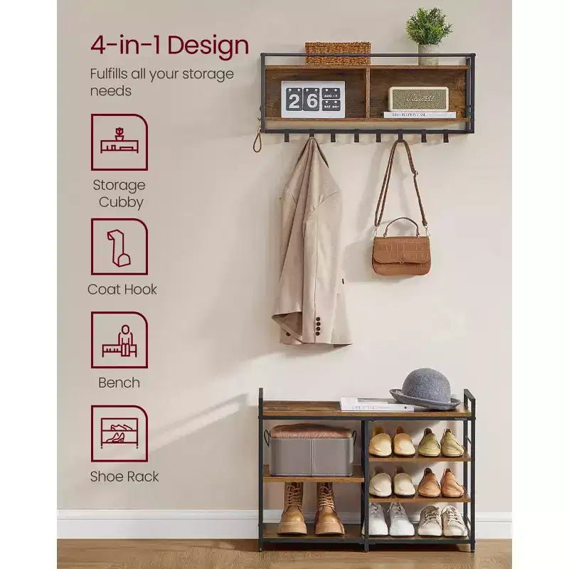 Multifunctional Hall Tree with Coat Rack and Shoe Bench - Entryway Furniture Set with 12 Hooks and 4-Tier Shoe Rack