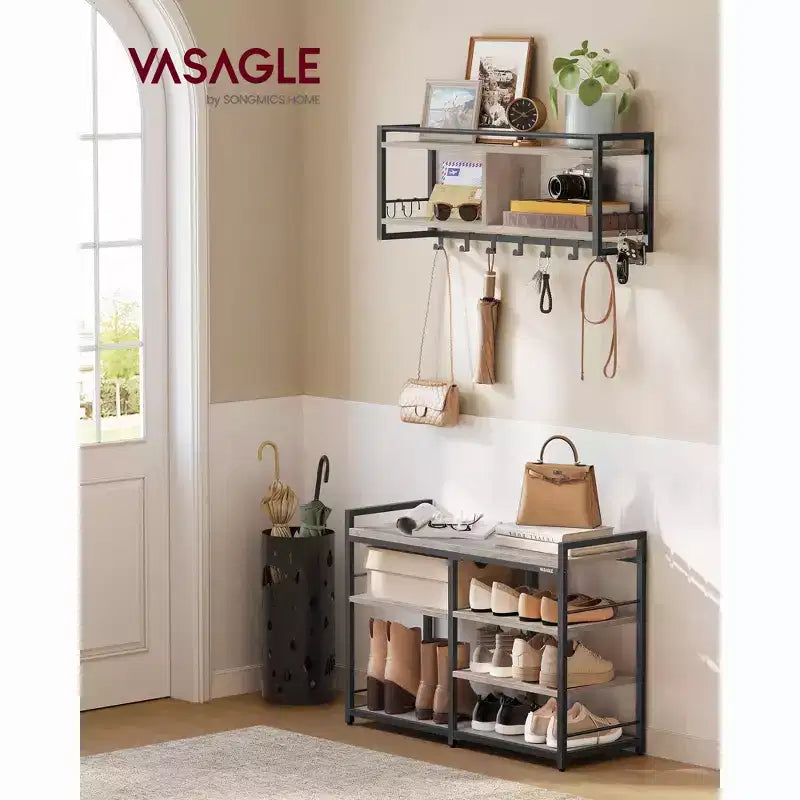 Multifunctional Hall Tree with Coat Rack and Shoe Bench - Entryway Furniture Set with 12 Hooks and 4-Tier Shoe Rack