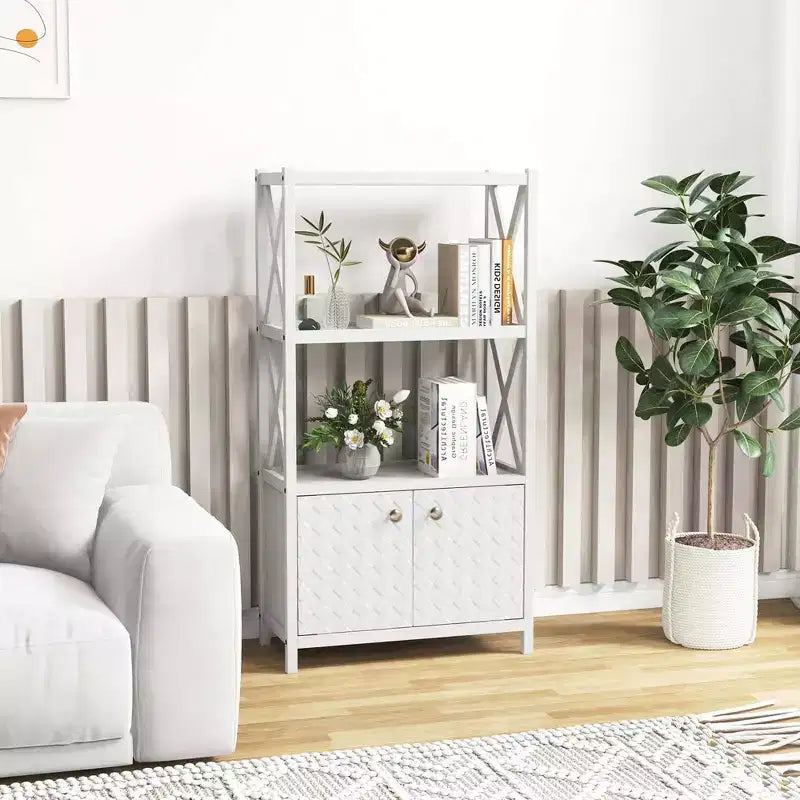 Costway Bathroom Storage Cabinet with Open Shelves & Double Doors Modern Storage Organizer White/Black