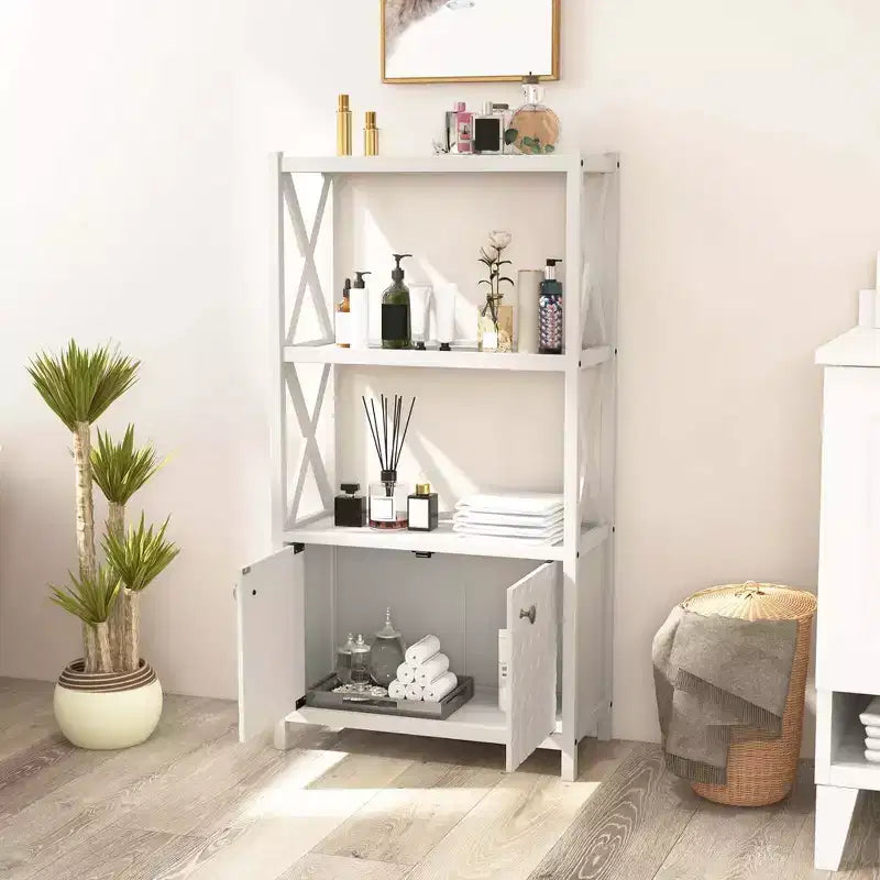 Costway Bathroom Storage Cabinet with Open Shelves & Double Doors Modern Storage Organizer White/Black