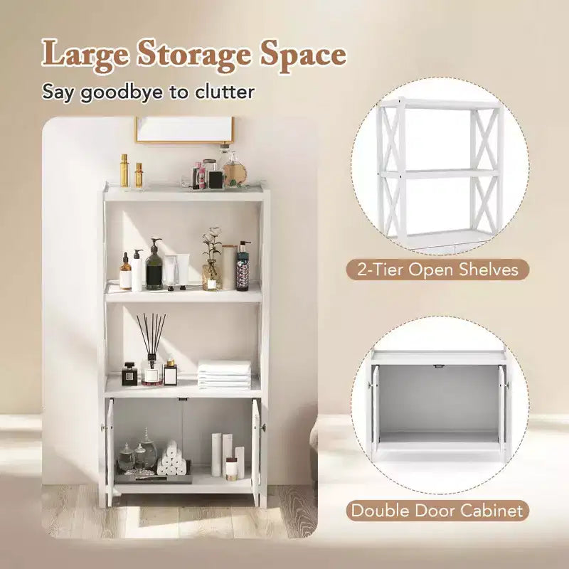 Costway Bathroom Storage Cabinet with Open Shelves & Double Doors Modern Storage Organizer White/Black
