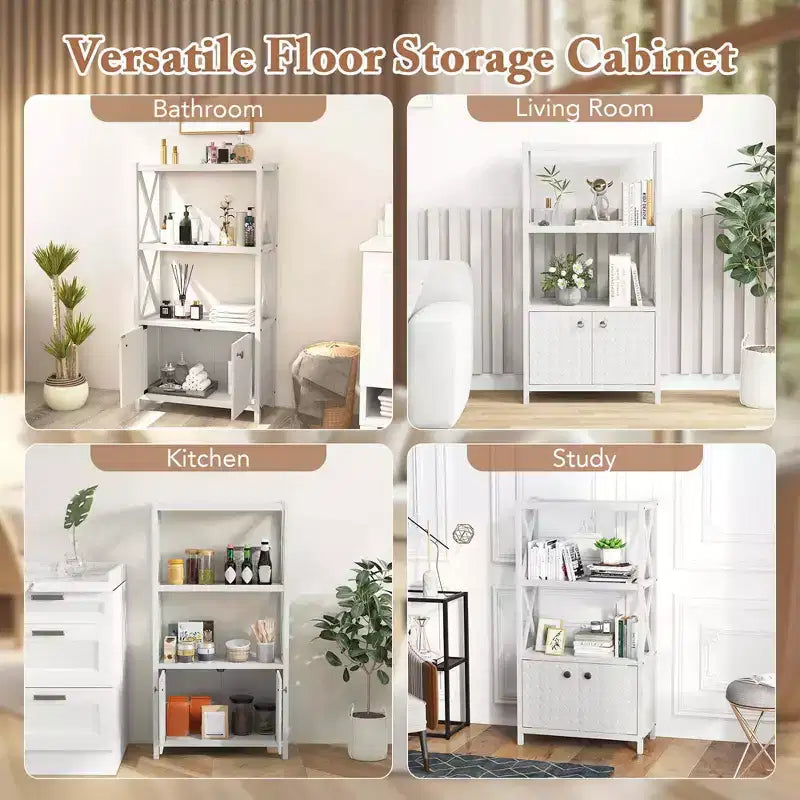 Costway Bathroom Storage Cabinet with Open Shelves & Double Doors Modern Storage Organizer White/Black