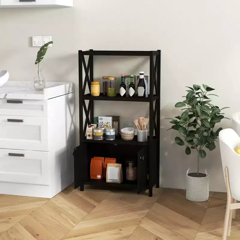 Costway Bathroom Storage Cabinet with Open Shelves & Double Doors Modern Storage Organizer White/Black