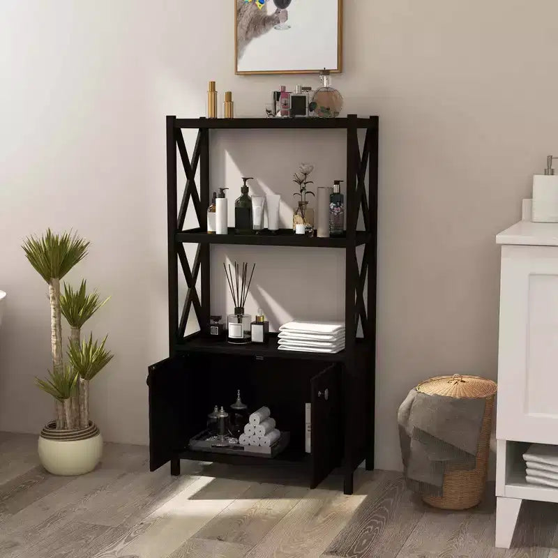 Costway Bathroom Storage Cabinet with Open Shelves & Double Doors Modern Storage Organizer White/Black