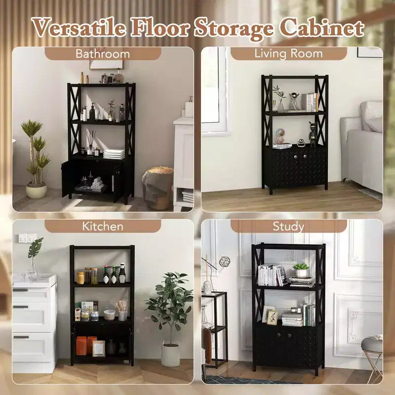 Costway Bathroom Storage Cabinet with Open Shelves & Double Doors Modern Storage Organizer White/Black
