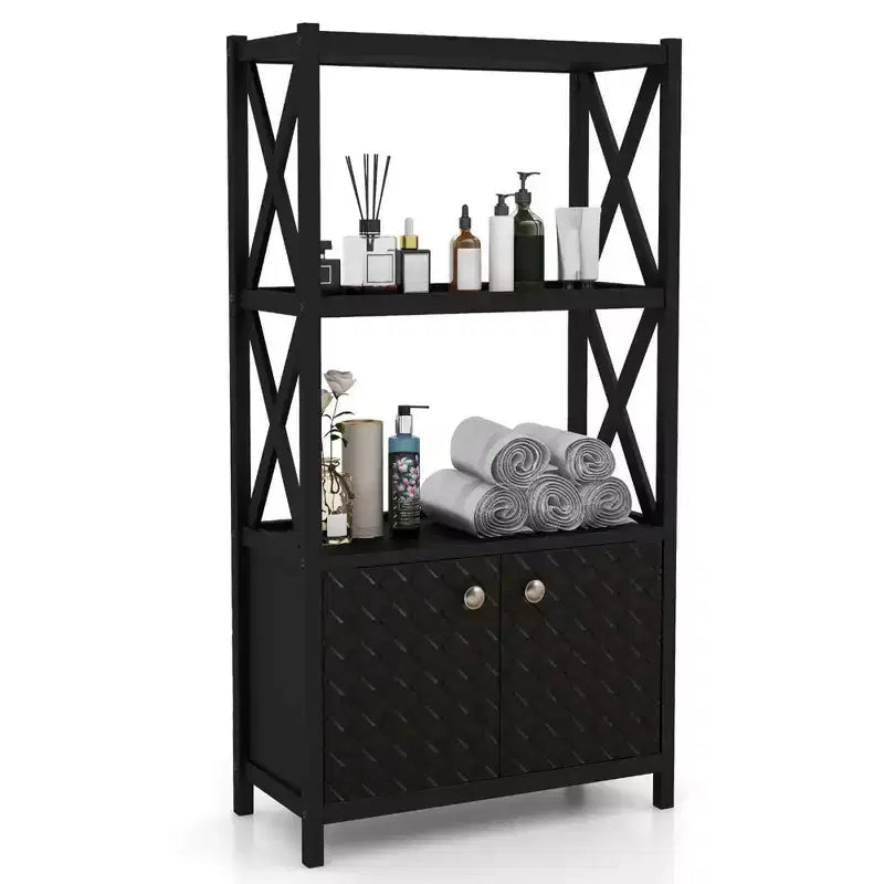 Costway Bathroom Storage Cabinet with Open Shelves & Double Doors Modern Storage Organizer White/Black