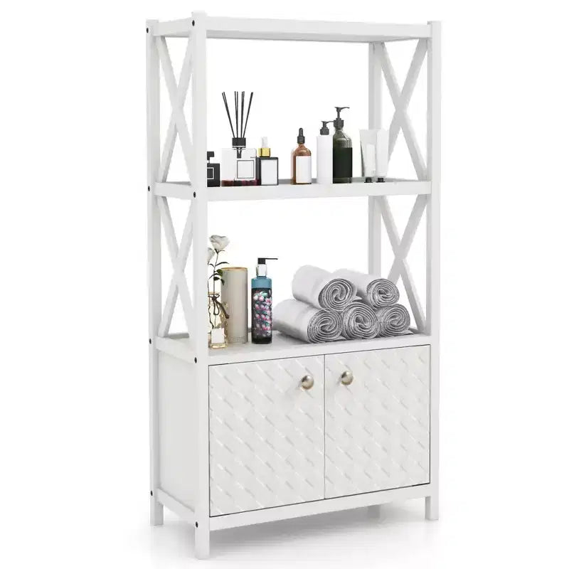 Costway Bathroom Storage Cabinet with Open Shelves & Double Doors Modern Storage Organizer White/Black