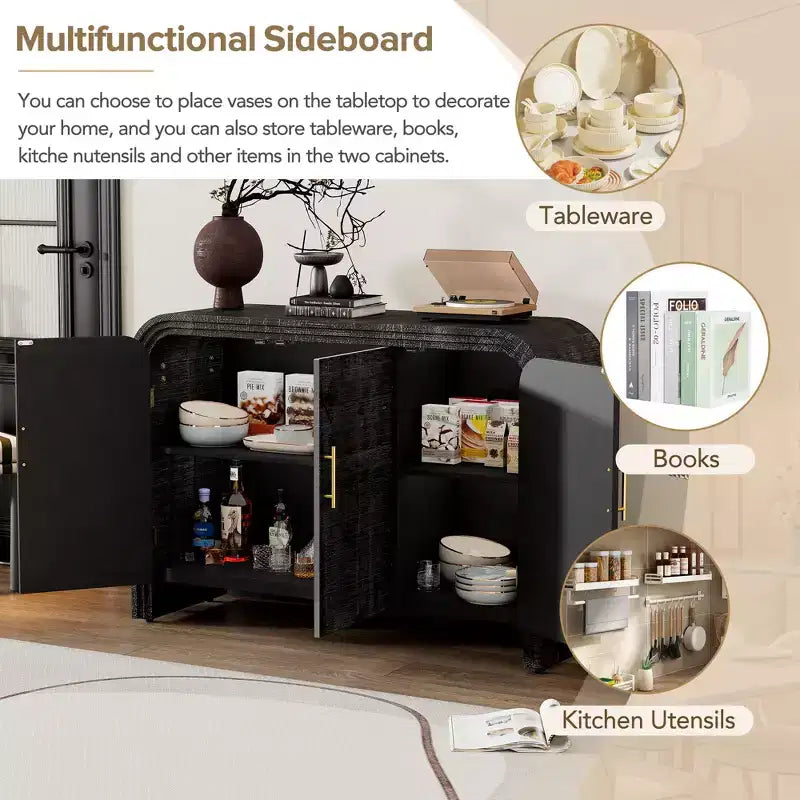 Whisen Retro Style Sideboard, Storage Cabinet, Versatile Cupboard Buffet with Gold Handles and Adjustable Shelves