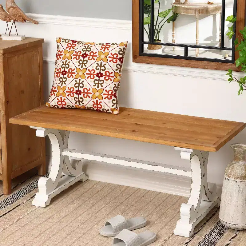 LuxenHome Farmhouse White and Natural Wood 45-Inch Coffee Table