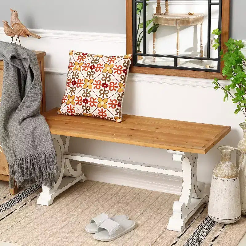 LuxenHome Farmhouse White and Natural Wood 45-Inch Coffee Table