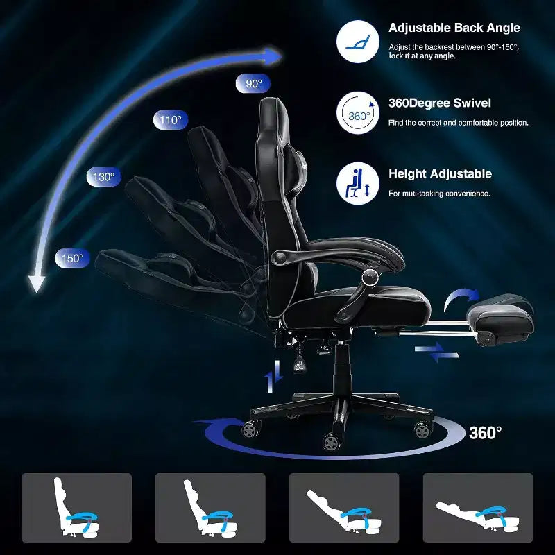 ELECWISH Gaming Chair with Footrest, Lumbar Support, Breathable Computer Chair with Pocket Spring Cushion, Chairs for Adults