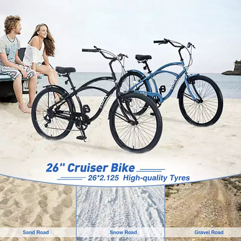 26 Inch Cruiser Bike, 7 Speed Multiple Colors Men's Women's Beach Cruiser Bike with Front and Rear V-brakes