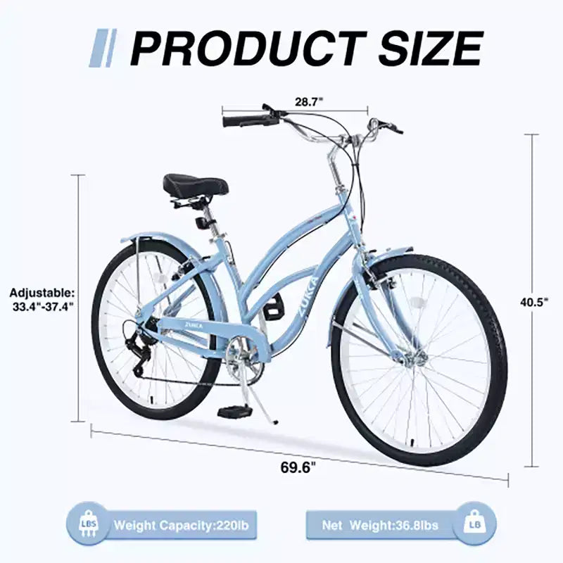 Vélo Cruiser 26 Pouces, 7 Vitesses Couleurs Multiples Vélo de Plage Homme Femme avec Freins V Avant et Arrière
