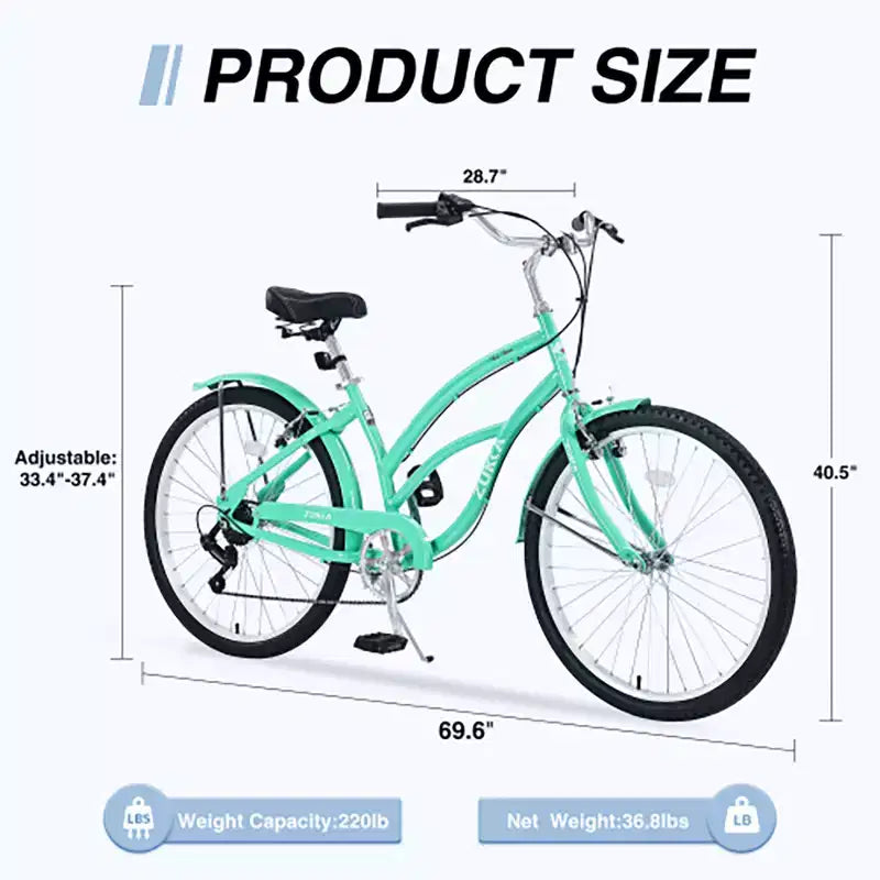 Vélo Cruiser 26 Pouces, 7 Vitesses Couleurs Multiples Vélo de Plage Homme Femme avec Freins V Avant et Arrière