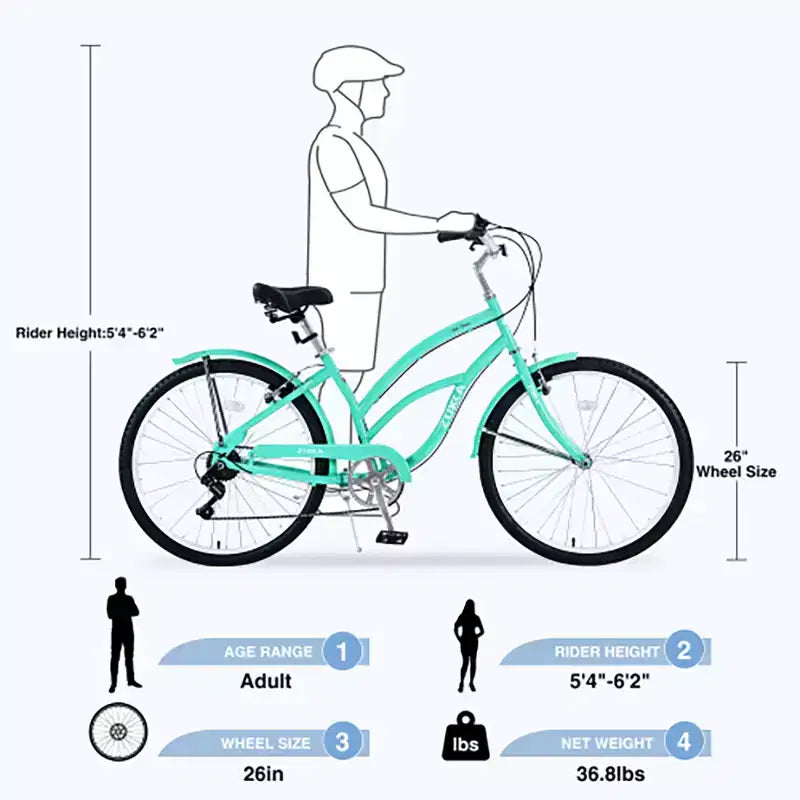 Vélo Cruiser 26 Pouces, 7 Vitesses Couleurs Multiples Vélo de Plage Homme Femme avec Freins V Avant et Arrière