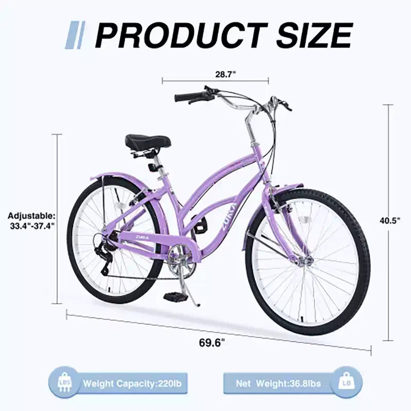 Vélo Cruiser 26 Pouces, 7 Vitesses Couleurs Multiples Vélo de Plage Homme Femme avec Freins V Avant et Arrière