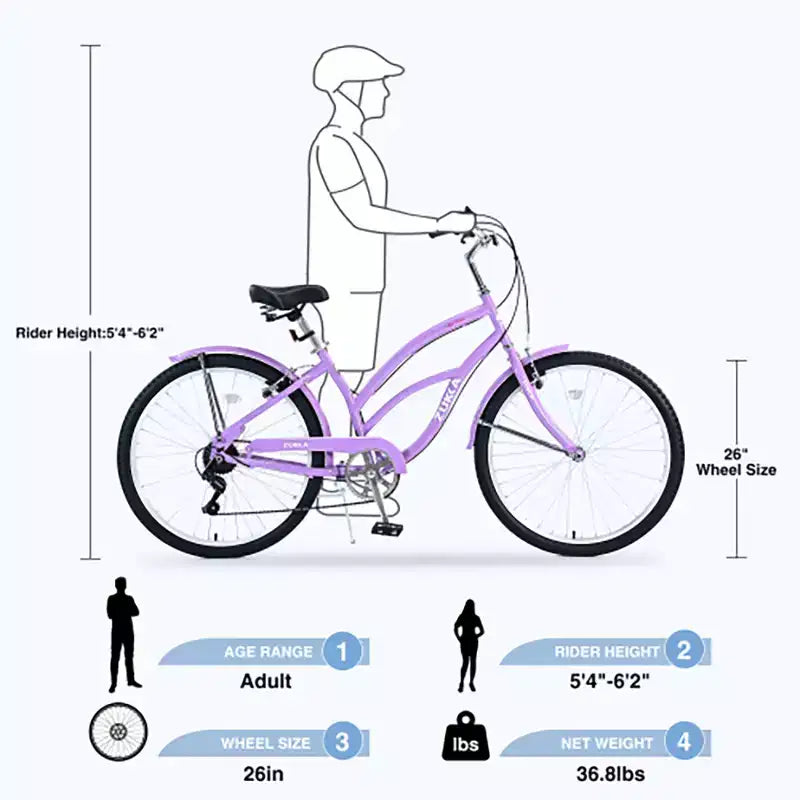 Vélo Cruiser 26 Pouces, 7 Vitesses Couleurs Multiples Vélo de Plage Homme Femme avec Freins V Avant et Arrière
