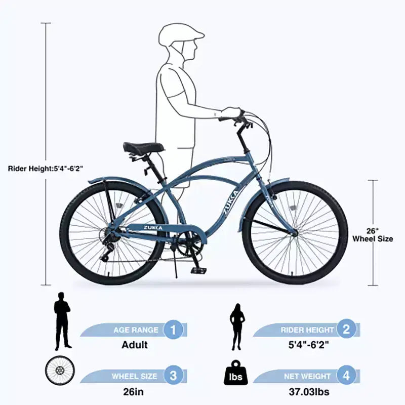 Vélo Cruiser 26 Pouces, 7 Vitesses Couleurs Multiples Vélo de Plage Homme Femme avec Freins V Avant et Arrière