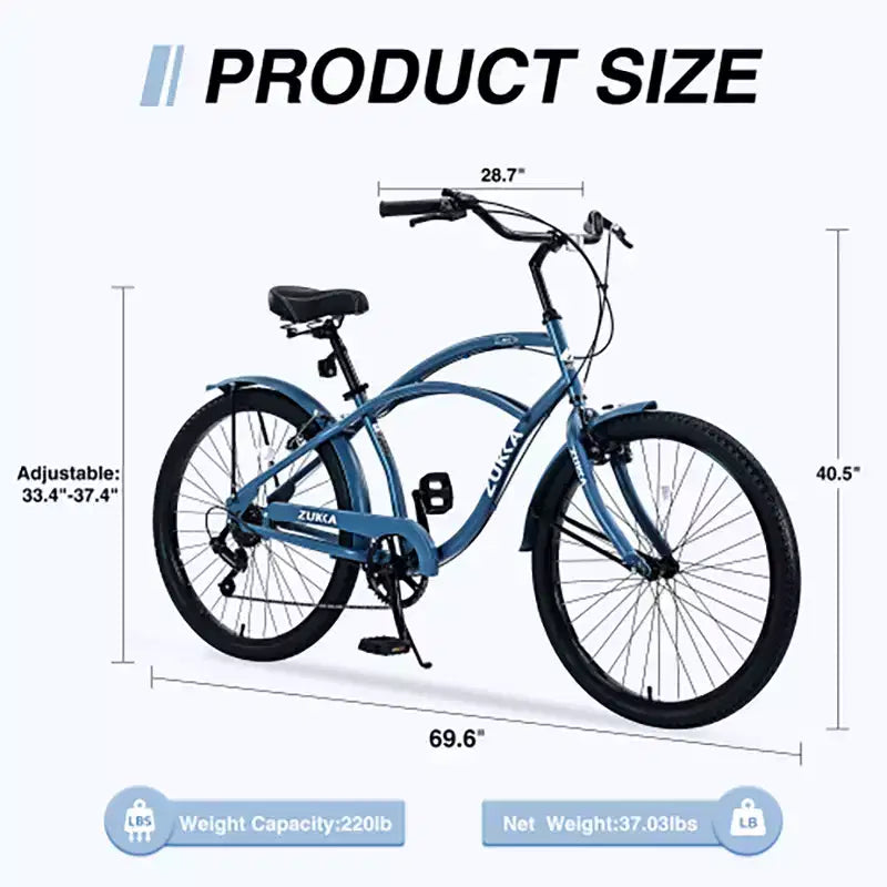 Vélo Cruiser 26 Pouces, 7 Vitesses Couleurs Multiples Vélo de Plage Homme Femme avec Freins V Avant et Arrière