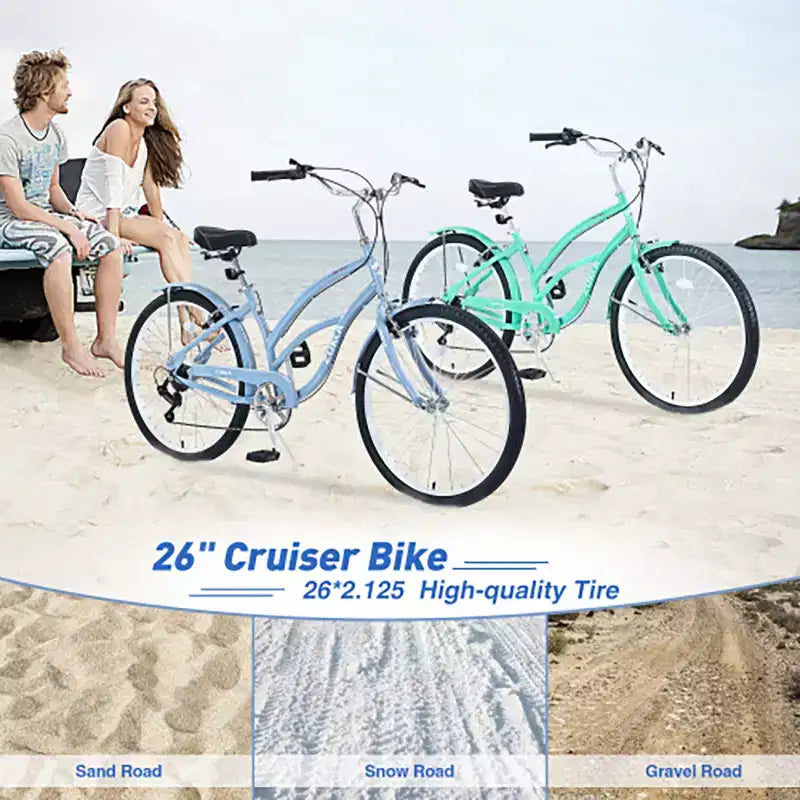 Vélo Cruiser 26 Pouces, 7 Vitesses Couleurs Multiples Vélo de Plage Homme Femme avec Freins V Avant et Arrière