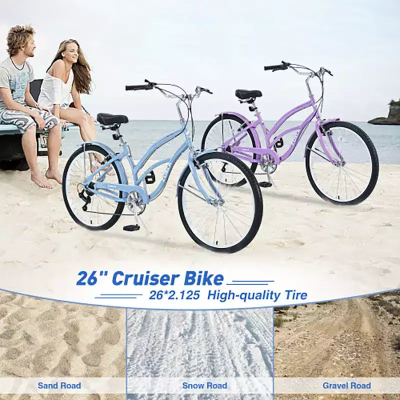 Vélo Cruiser 26 Pouces, 7 Vitesses Couleurs Multiples Vélo de Plage Homme Femme avec Freins V Avant et Arrière