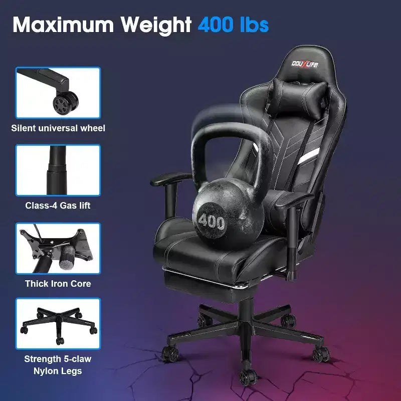 Douxlife Modern 7-Point Massage Ergonomic Gaming Chair with Footrest & Adjustable Armrests Black